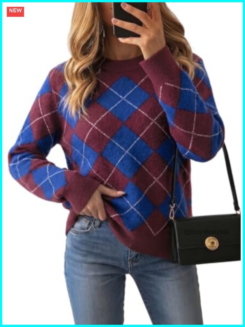 Argyle Colorblock Pullover Sweater Long Sleeve Round Neck